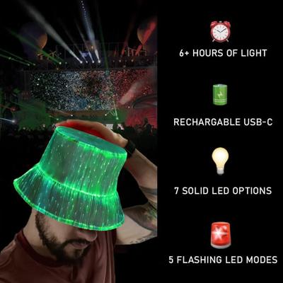 Yousheng LED Fisherman Hat Neon Rave Bucket Cap 7 Colors Glow In The Dark USB Rechargeable EDM Festival Gear
