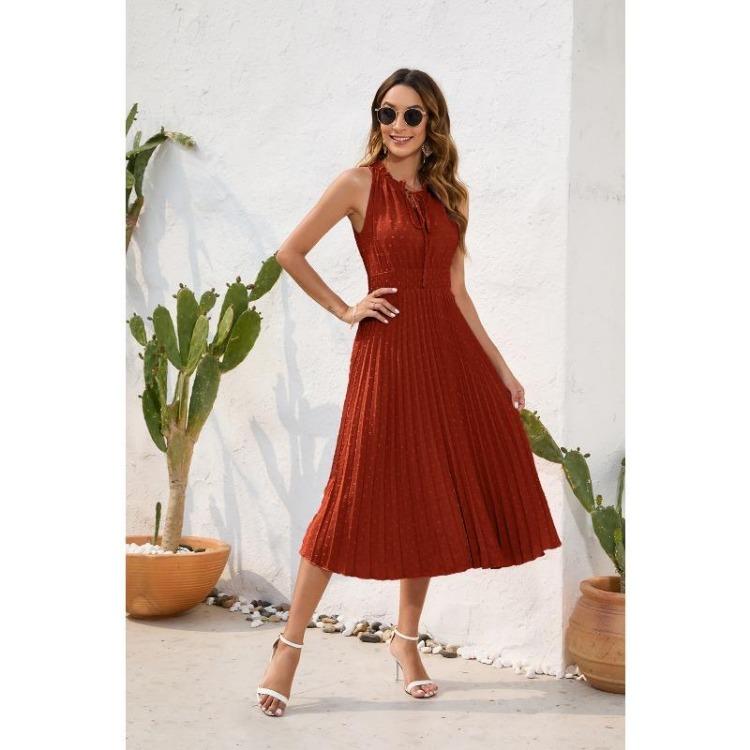 Summer Casual Holiday Dress Women Lace Up High Waisted Pleated Ball Sleeveless