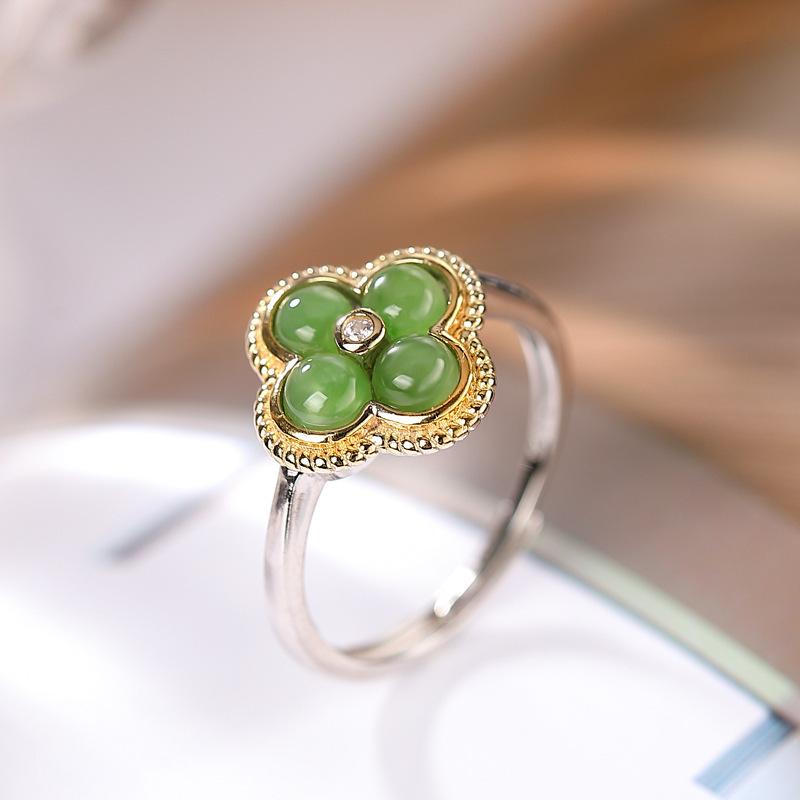 

925 Sterling Silver Jewelry Natural Jade Crystal Plants Flower Jewelry Set Necklace Rings for Women Wedding Party Friend Gift Silver Plated