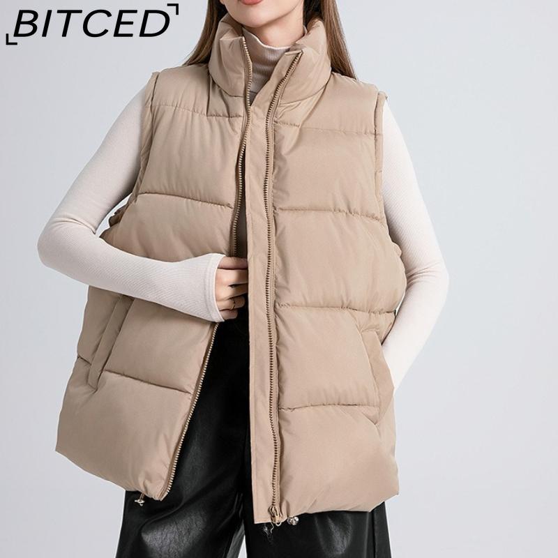 BITCED Women's Autumn/Winter Sleeveless Cotton Coat Mid-Length Stand Collar Thermal Down-Filled Cotton Vest Thickened Waistcoat Outerwear