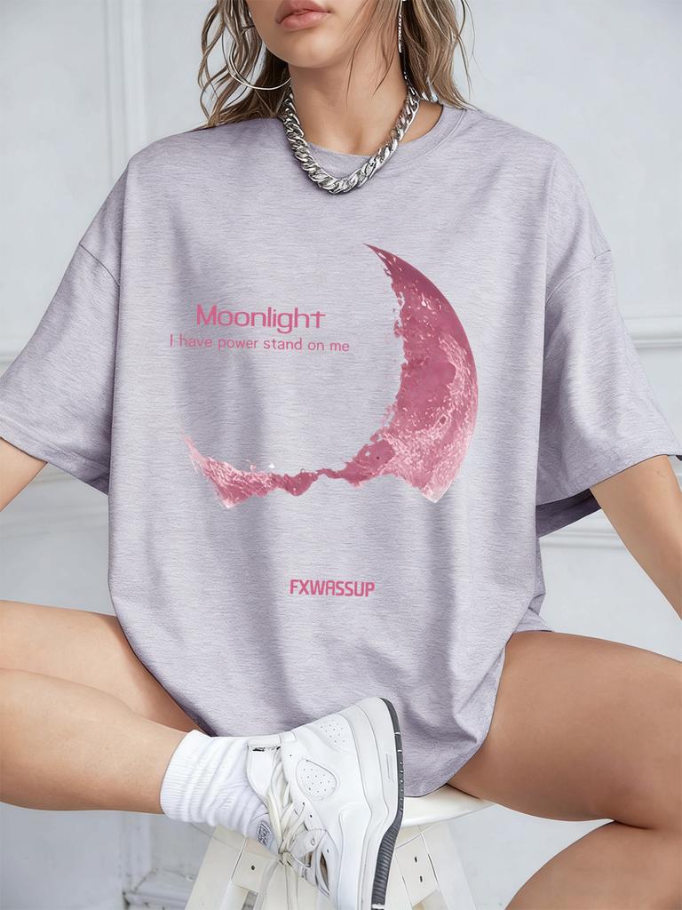 Plus Beautiful Moonlight Prints T-Shirts Womens Summer Cotton Short Sleeve T Shirt O-Neck Comfortable Loose Tops Casual Clothes
