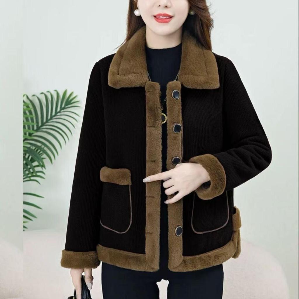 Fashionable Mid-Aged Women's Corduroy Jacket with Velvet Lining - Autumn/Winter Versatile Warm Cardigan