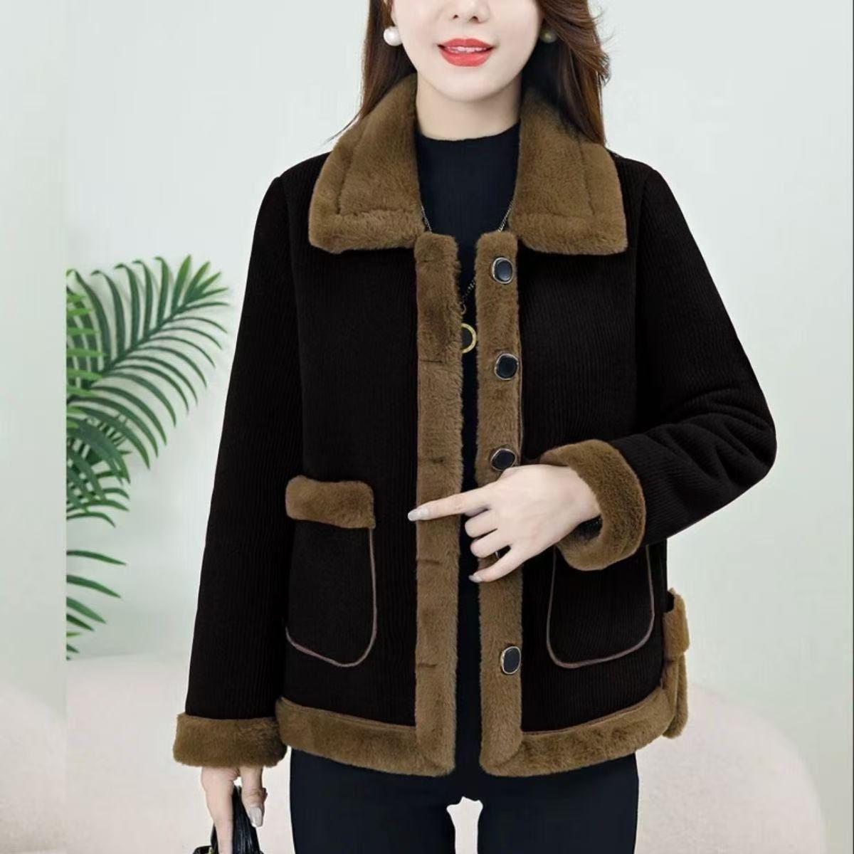 Mid-Aged Women s Corduroy Jacket: Versatile, Fashionable, Plus Velvet Warm Top for Autumn/Winter S