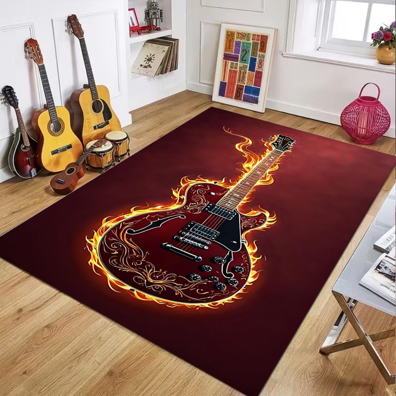Classical Flamed Guitar Electric Guitar Bass Area Rug Luxury Carpet Rug for Living Room Bedroom Sofa Kids Palymat Dark Red Retro