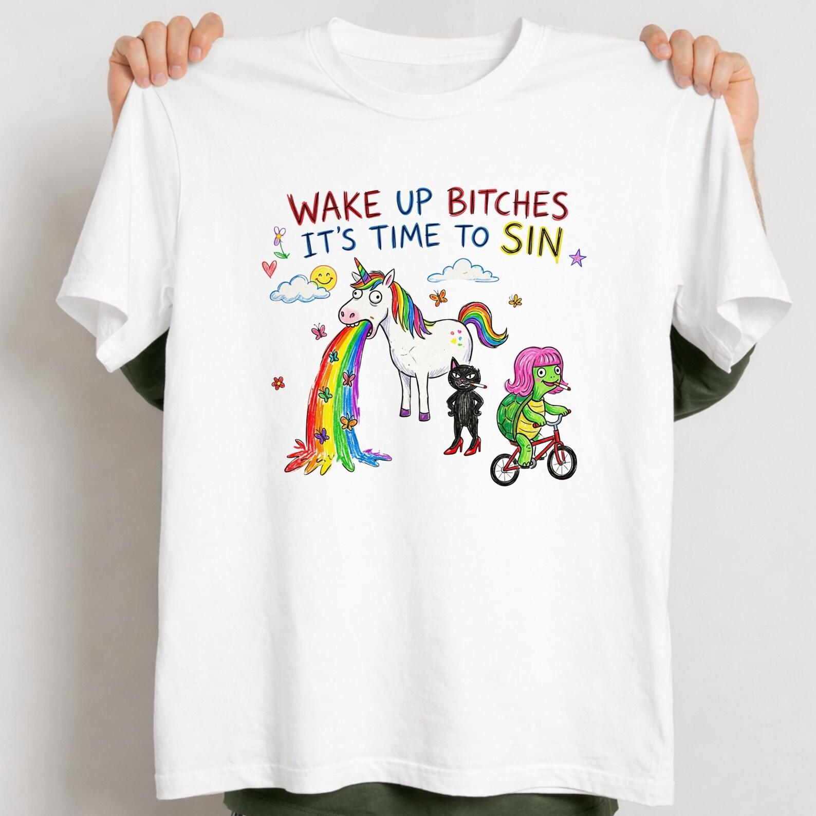 Unique Funny Unicorn Rainbow Vomit Shirt, Wake Up It’s Time To Sin Tee, Dark Humor Cute Graphic Shirt, Weird Aesthetic Cat Turtle Biker. S