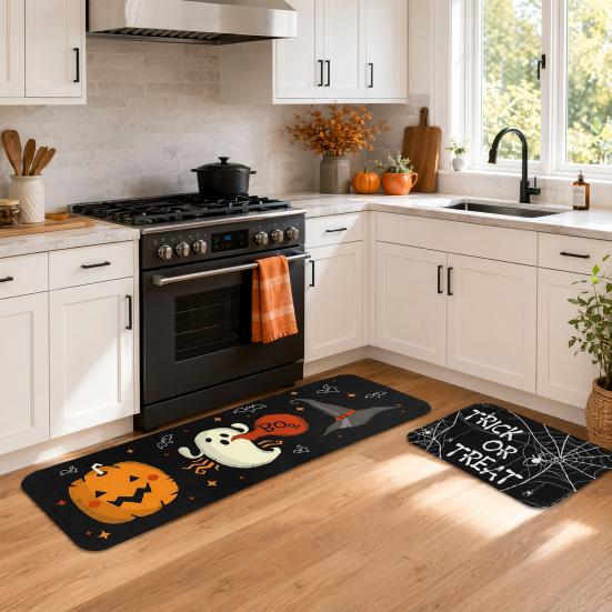 huaqianguhh 2Pcs/Set Halloween Kitchen Rugs, Anti Slip Absorbent Floor Mats, Pumpkin Black Cat Ghost Designs, Decorative Rugs for Living Room Bathroom