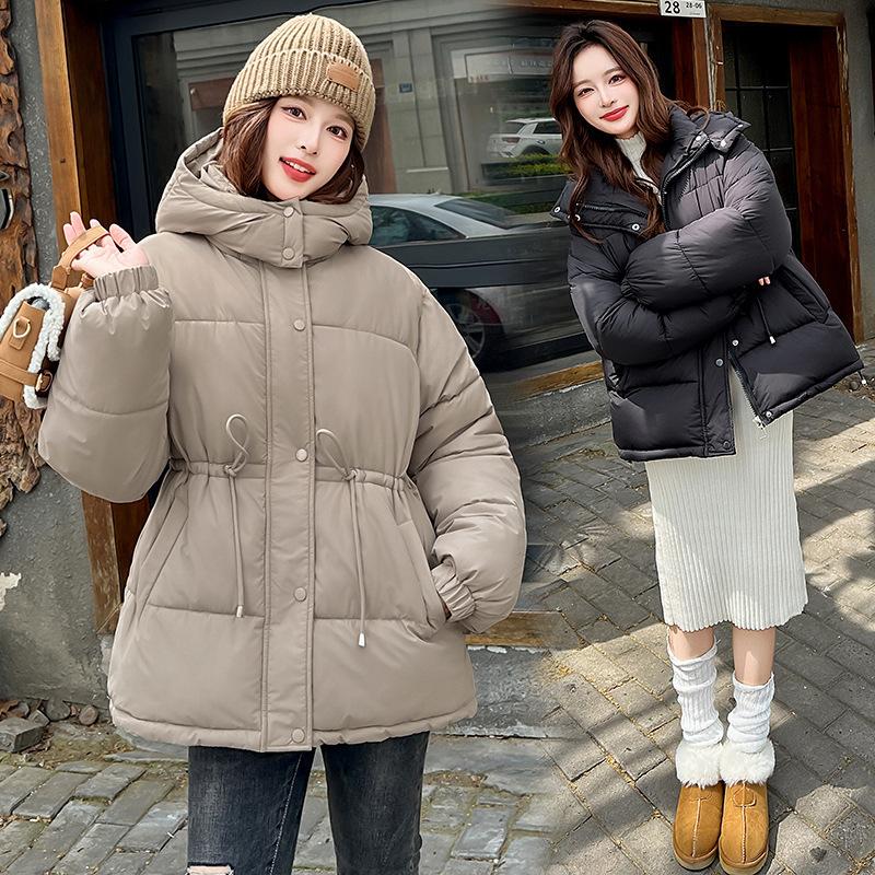 Casual down cotton clothes warm medium and long hooded waist drawstring jacket women's cotton-padded jacket