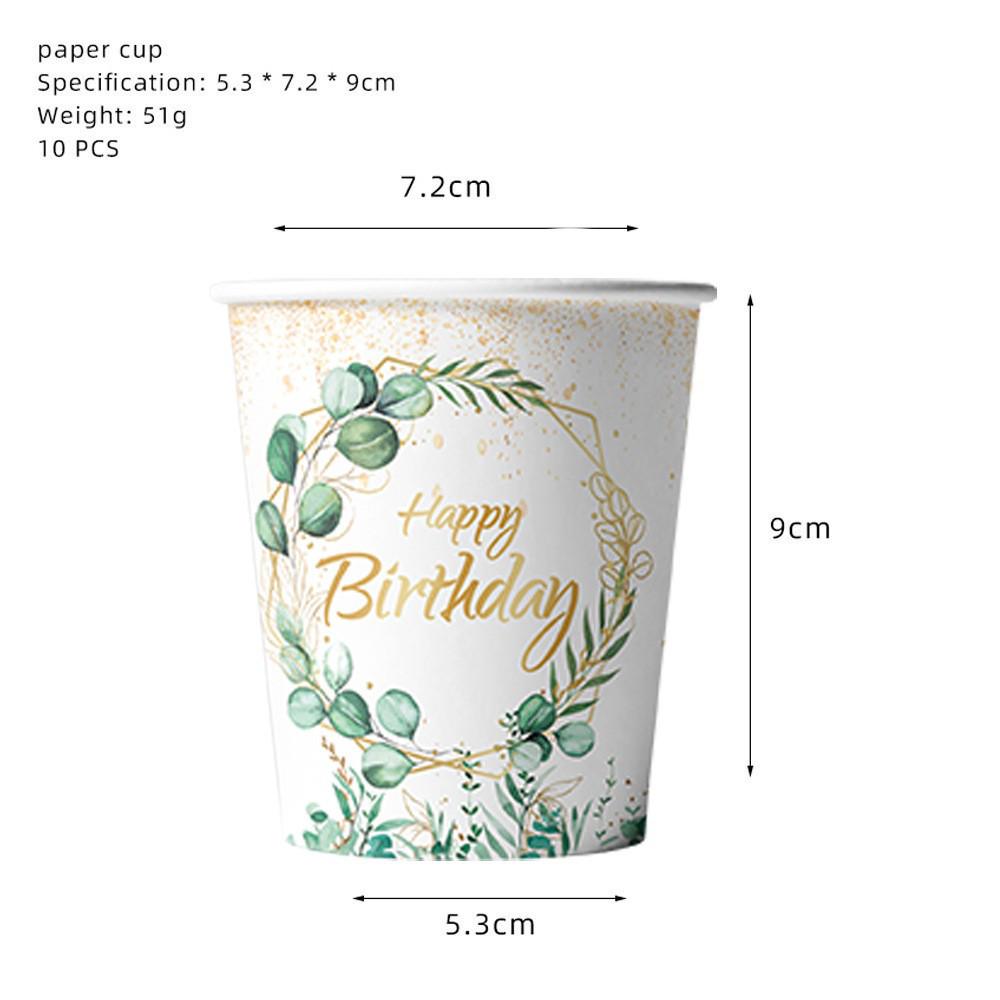 Eucalyptus Leaf Party Tableware: Napkins, Cups, Tablecloth, Cutlery, and Flags for Birthday Celebrations.