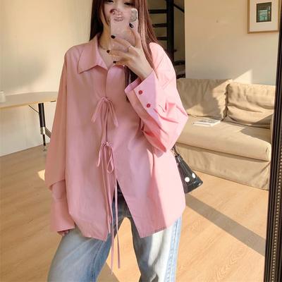 Damen Bluse Frühling Herbst einfarbig Polokragen Schleife Schnürung Langarm Arbeitskleidung Bürodame Casual übergroße Strickjacke Shirts
