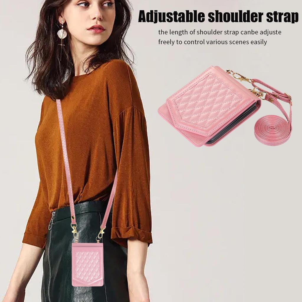 Samsung Z Flip Leather Flip Cover with Card Holder, Lanyard, Mirror, Anti-Theft - Compatible for Z Flip5, Flip4, Flip3.