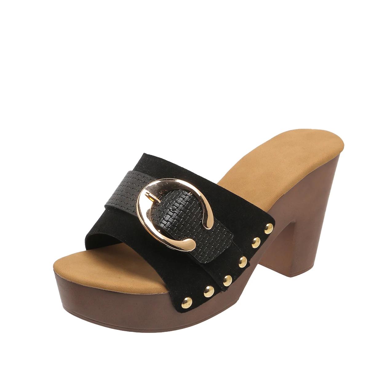 

Летние женские босоножки на высоком квадратном каблуке, женские туфли на платформе, повседневные туфли с заклепками, с открытым носком, элегантные женские туфли Zapatos De Mujer 42 чёрный