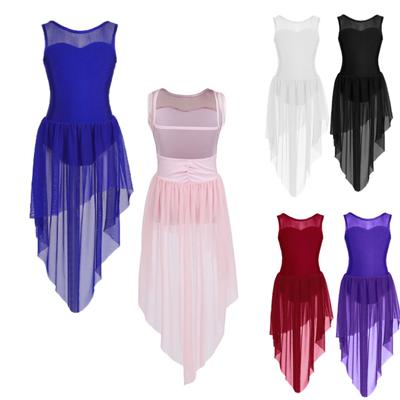 Kids Girls Lyrical Modern Dance Wear Sleeveless Tulle Splice Open Back High Low Hem Leotard Dress