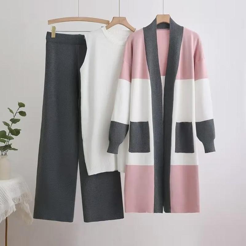 

Женские костюмы комплекты хлопок большой размер брюки клеш утолщенный топ-жилет длинные брюки оверсайз кардиган вязаный костюм тройка One Size серый