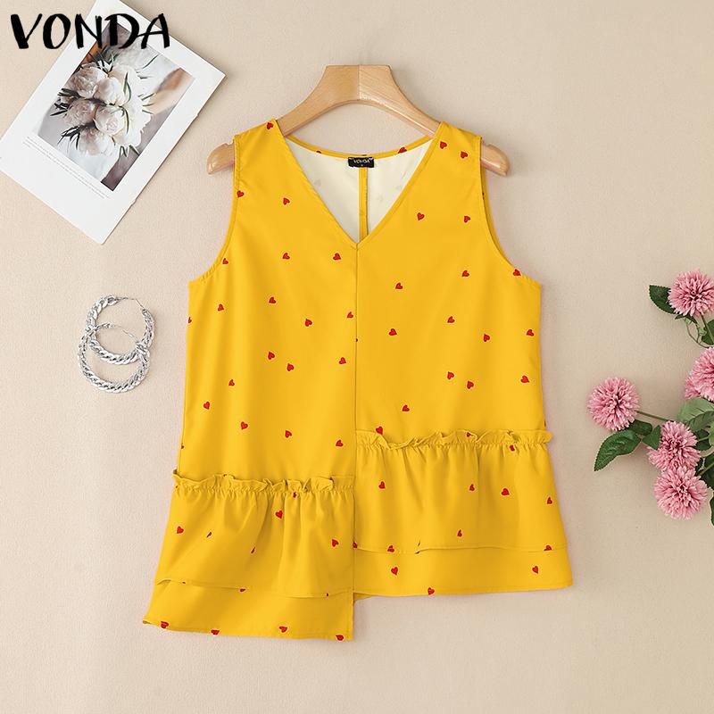 

VONDA Женские топы без рукавов, майки с V-образным вырезом, с принтом, с нерегулярными оборками, повседневная блузка 5XL жёлтый