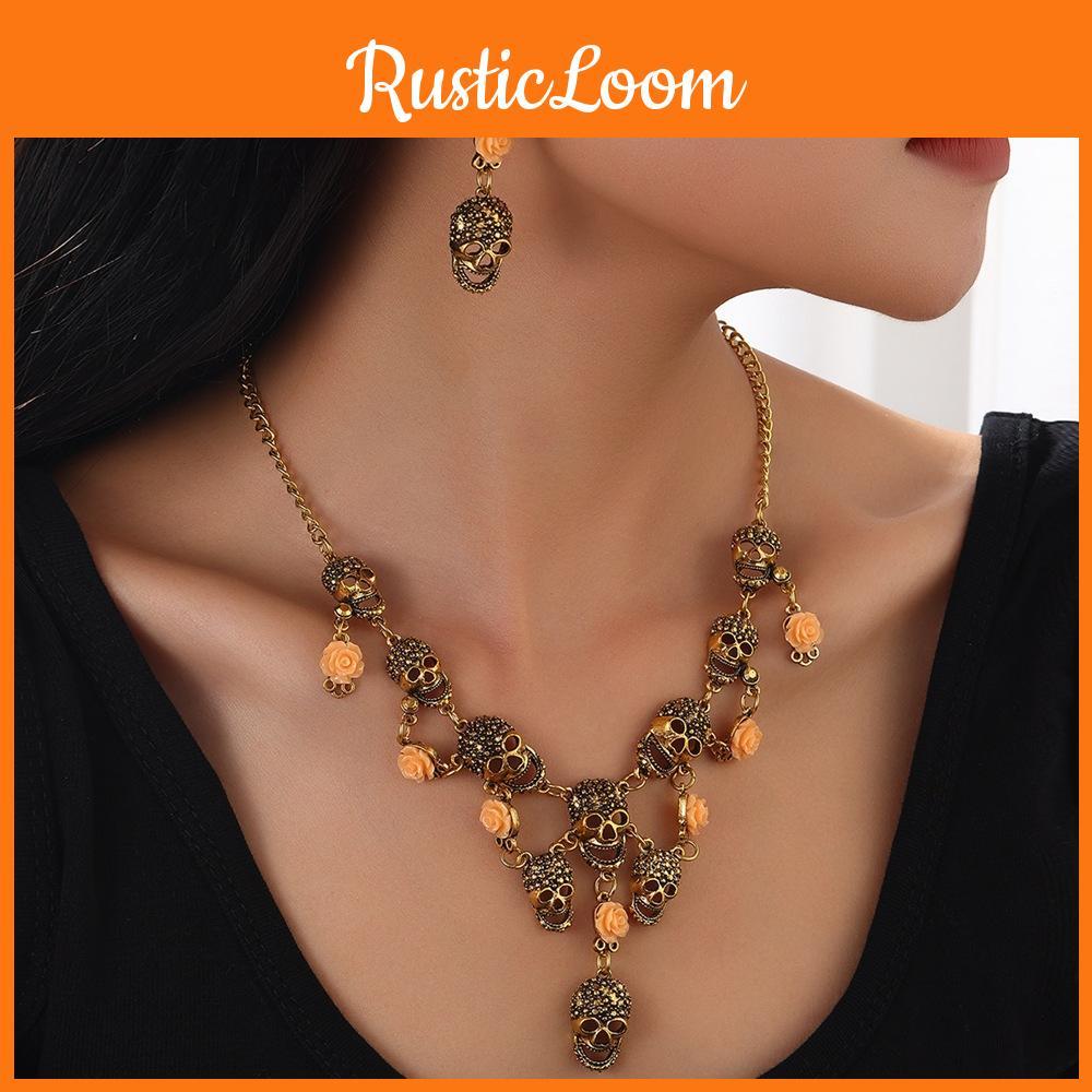 Summer Skull Jewelry Set Retro Flower Motif Metal Finish Teens Adults Decoration