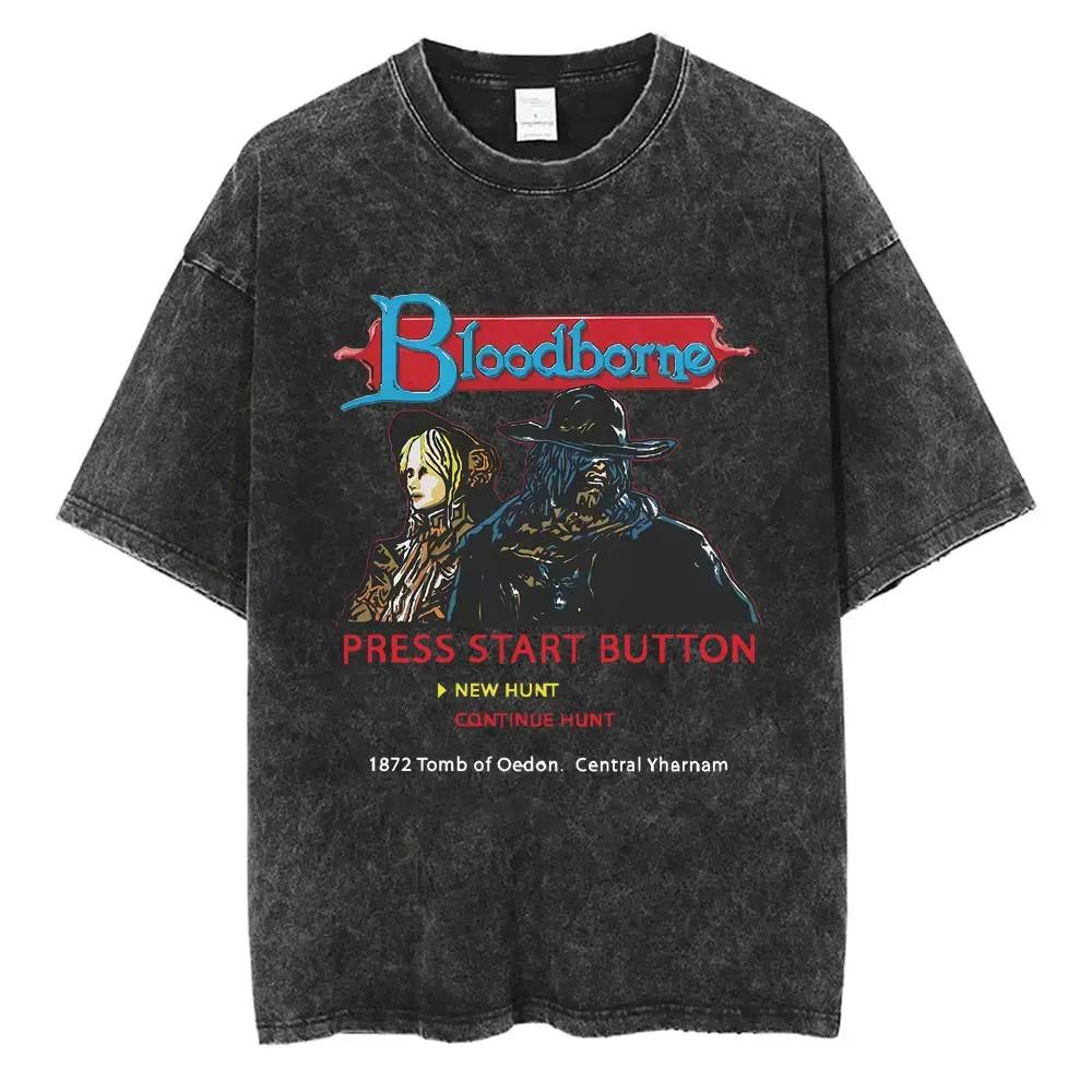 

Vintage Washed Black Short-Sleeve T-Shirt Featuring Bloodborne Press Start Button Graphic Print For Soulsborne Fans L