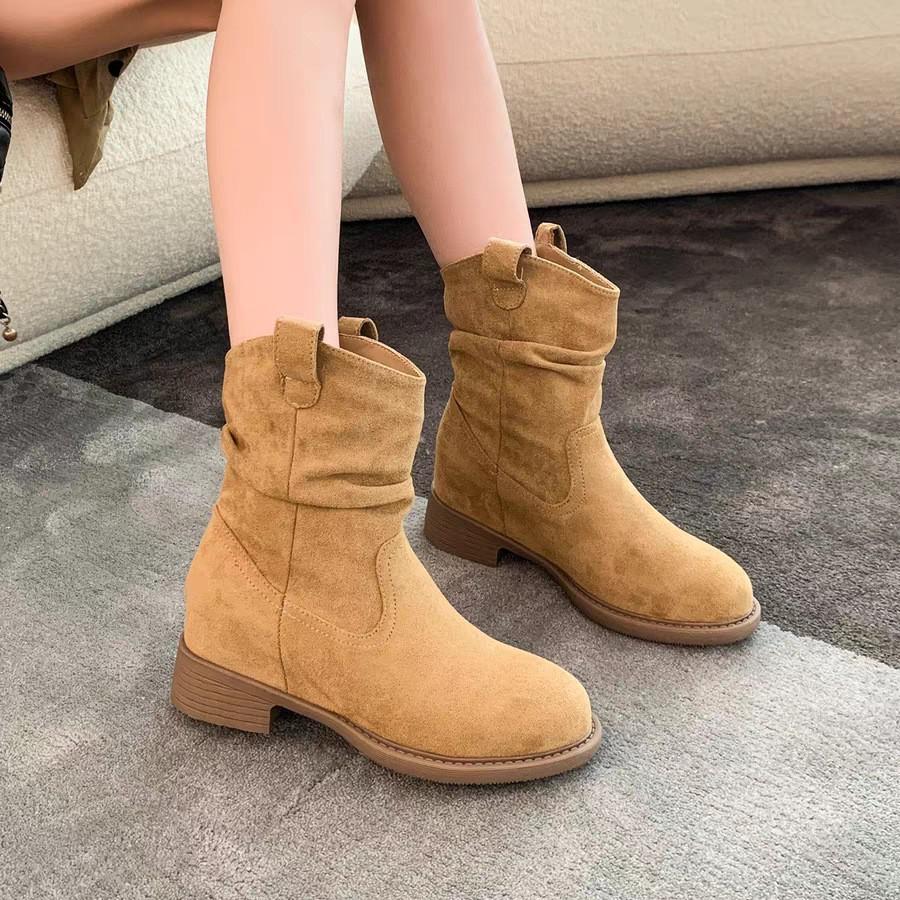 Retro Round Head Pile Boots 2025 Autumn New Merard Thick Heel Western Cowboy Knight Boots Medium Boots Short Boots