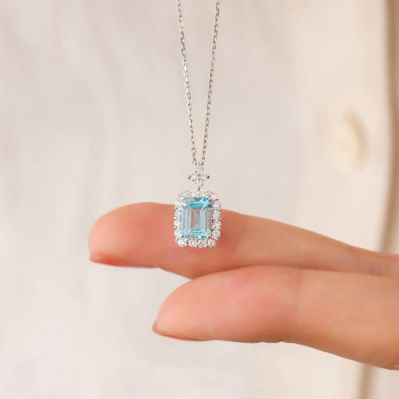 Temperament Sweet Lady's Necklace with Light Blue Square Cubic Zirconia Newly Designed Fashion Wedding Jewelry for Women