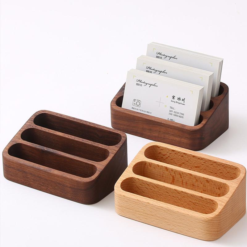 Solid Wood Desktop Business Card Display Stand 3 Compartment Card Storage Rack Card Box Office Supplies Card Holder Organizer