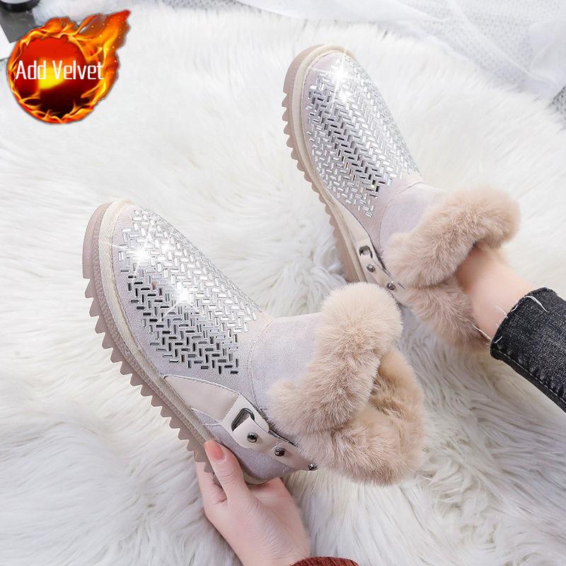 Fashion Winter Plush Rhinestone Round Toe Woman Shoes Trend 2025 Work Snow Boots for Women Designer Luxury On Promotion Y2k Goth Ankle