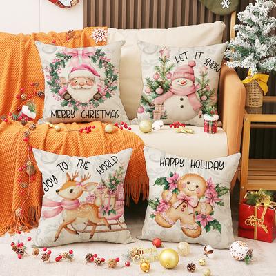 Pink Christmas Pillow Set, Linen Print Car Cushion, Holiday Atmosphere Arrangement Sofa Cushion