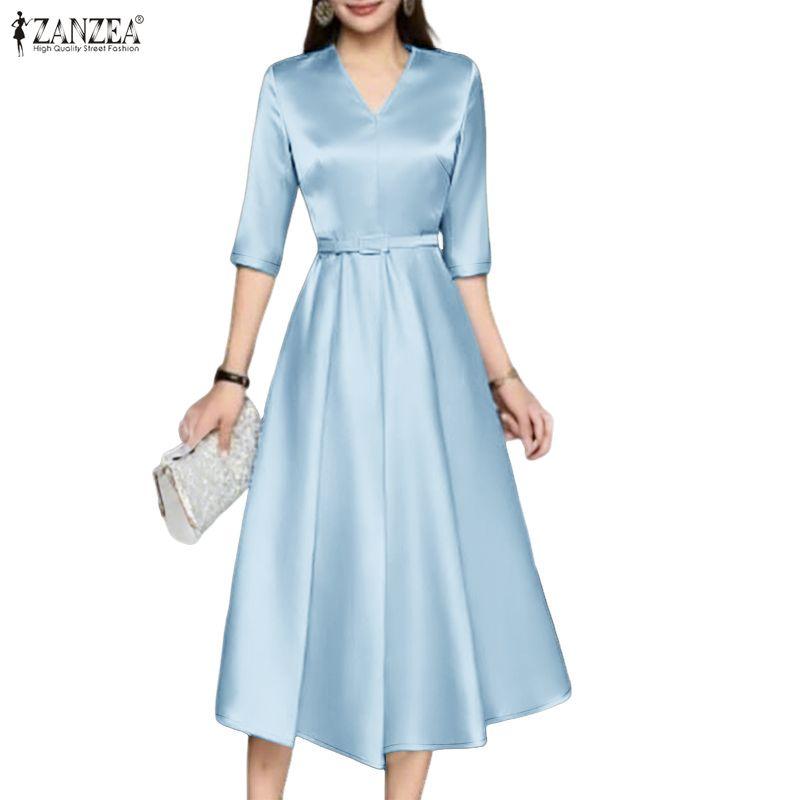 ZANZEA Women Casual V-Neck Elegant Half Sleeve Dress