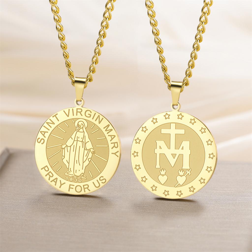 Virgin Mary Medal Necklace Stainless Steel Christian Believer Blessing Pendant Necklace Double Sided Amulet Jewelry Gift