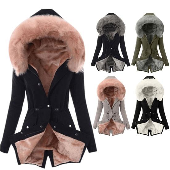 Women Jacket Fluffy Drawstring Pocket Hooded Solid Warming Coat for Dating