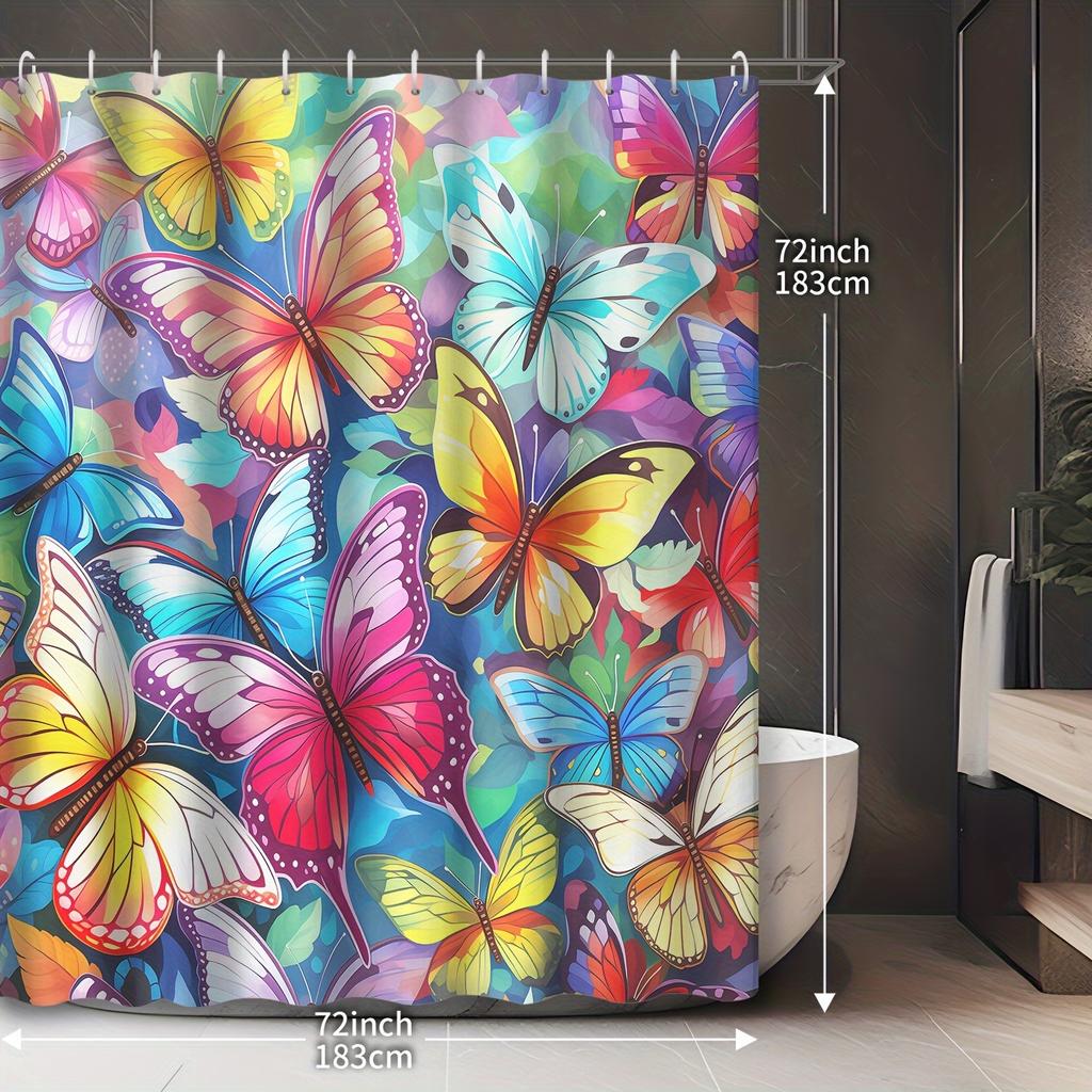 Elegant Dreamy Colored Butterfly Shower Curtain With 12 Hooks - Waterproof Bathroom Decor