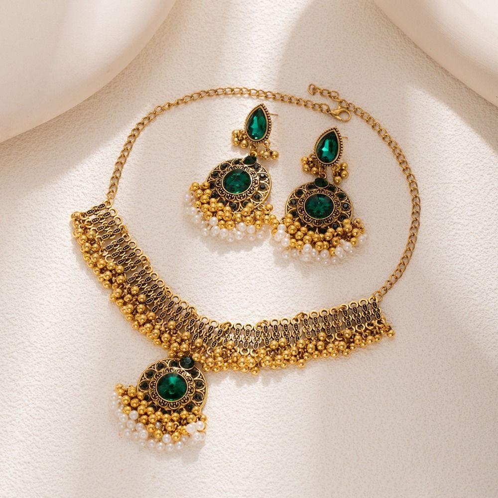Ethnic Style Necklace Earrings Set Rhinestone Inlaid Women Jewelry Set  Women