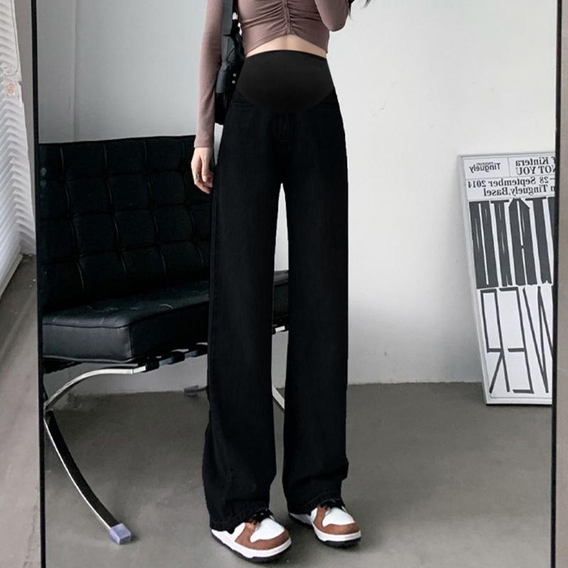 

Джинсы широкие для беременных, свободные осенние модели, модные мамы, высокая посадка с бандажом для живота, тонкие и драпирующиеся брюки прямого кроя до пола M