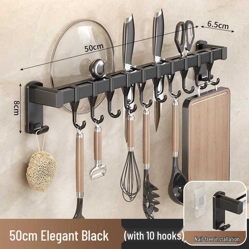 Black Traceless Adhesive Kitchen Storage Rack: Punch-Free Wall-Mounted Pot Lid, Knife Holder, Multi-Functional Hooks
