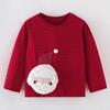 Children's Long-Sleeved T-Shirt 3 Baby Girls Autumn Red Striped Santa Claus Round Neck Clothes Stylish Autumn and Winter Tops