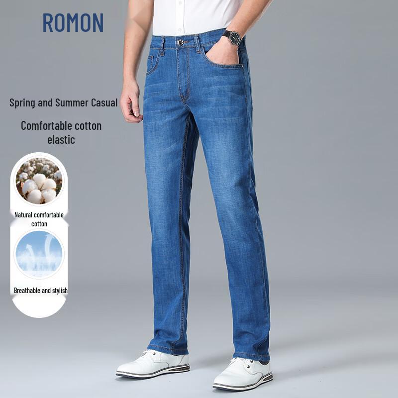 ROMON Men s Natural Cotton Blend Thin Loose Straight Casual Trousers 33