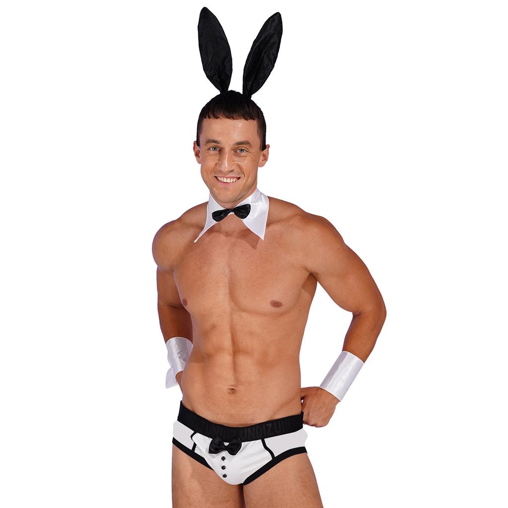 Mens Lingerie Set Bowknot Briefs Bunny Ears Headband Bowtie Collar Cuffs Halloween Costume