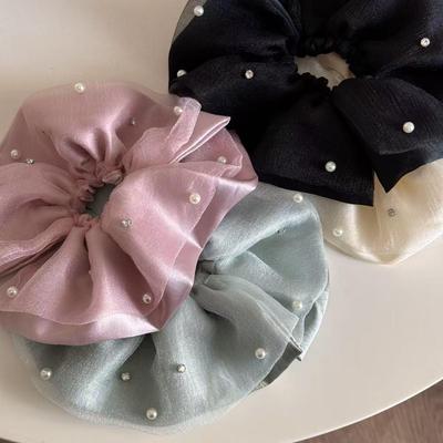 Elegant Double Layer Pearl Mesh Hair Tie - Retro Polka Dot Updo for Women