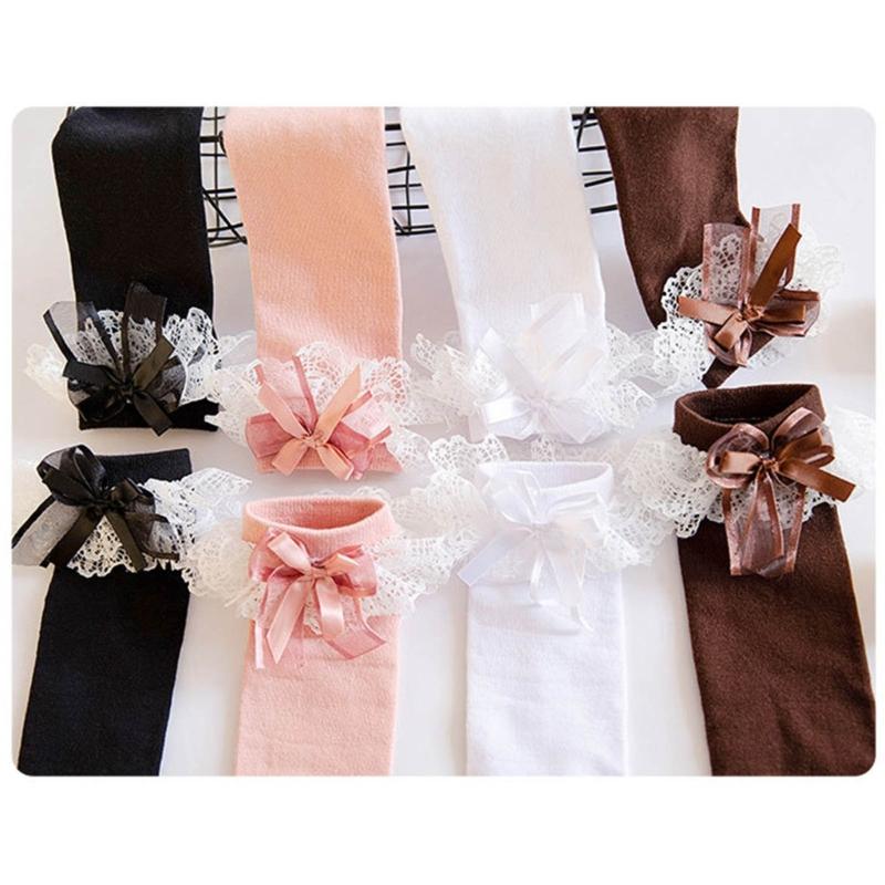 Women Japanese Style JK Ruffle Lace Trim Calf Long Socks Sweet Bowknot Princess Cotton Knee High Socks Stockings Hosiery