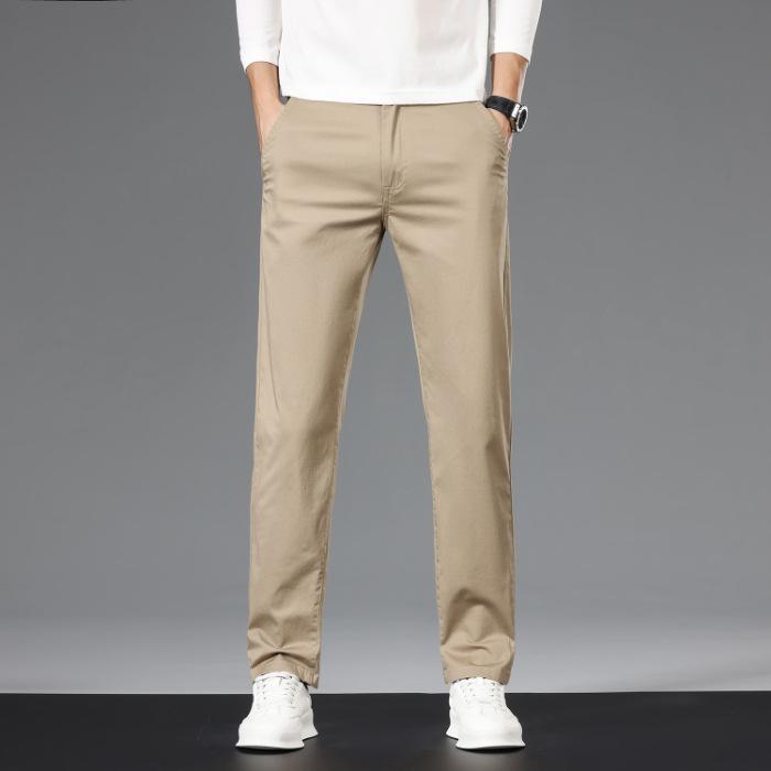 Pánské khaki elastické rovné bavlněné ležérní kalhoty - podzimní kolekce 2024