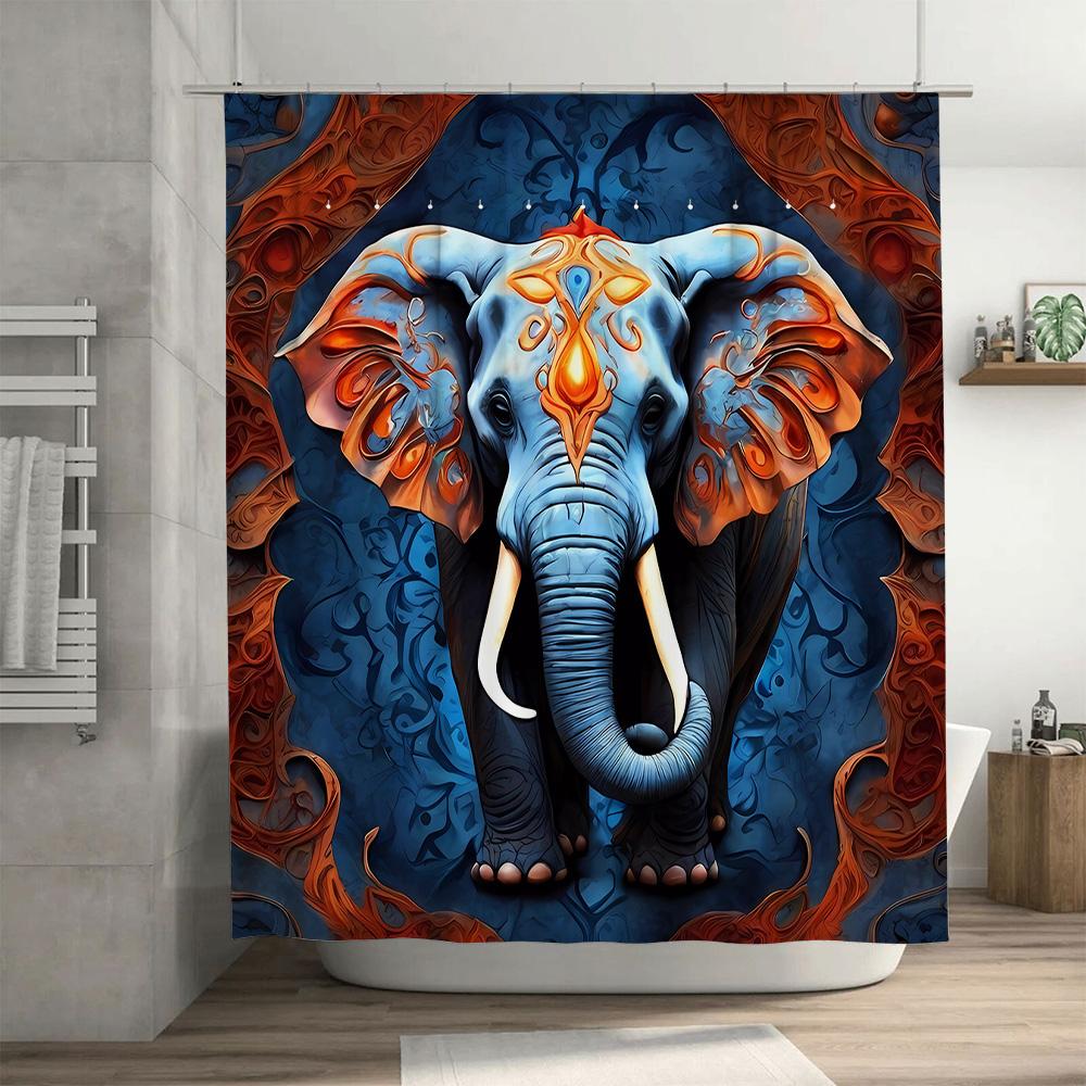 Blue Floral Elephant Shower Curtain Decorative Blue Fabric Waterproof Bath Mat Set for Home Living Room Decoration