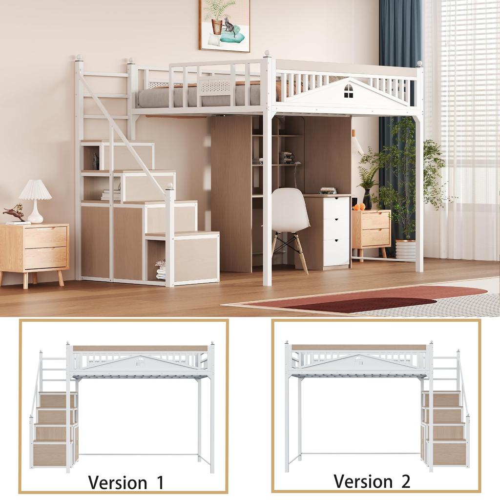 Hochbett Metall 140x200 cm, Geländer, Fenster, dekorative Kugeln, austauschbare Sicherheitsleiter, integrierte Fächer, Weiß (ohne Matratze)