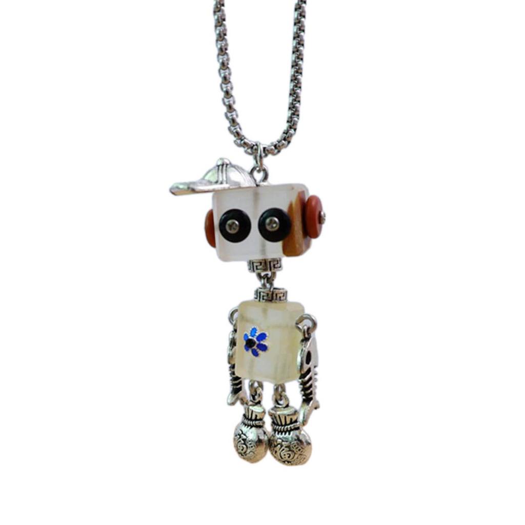 Wood Block Robot Pendant Necklace Adjustable Length Punk Neckchain Stylish Leather Cord Accessory Fade Resistant Chokers