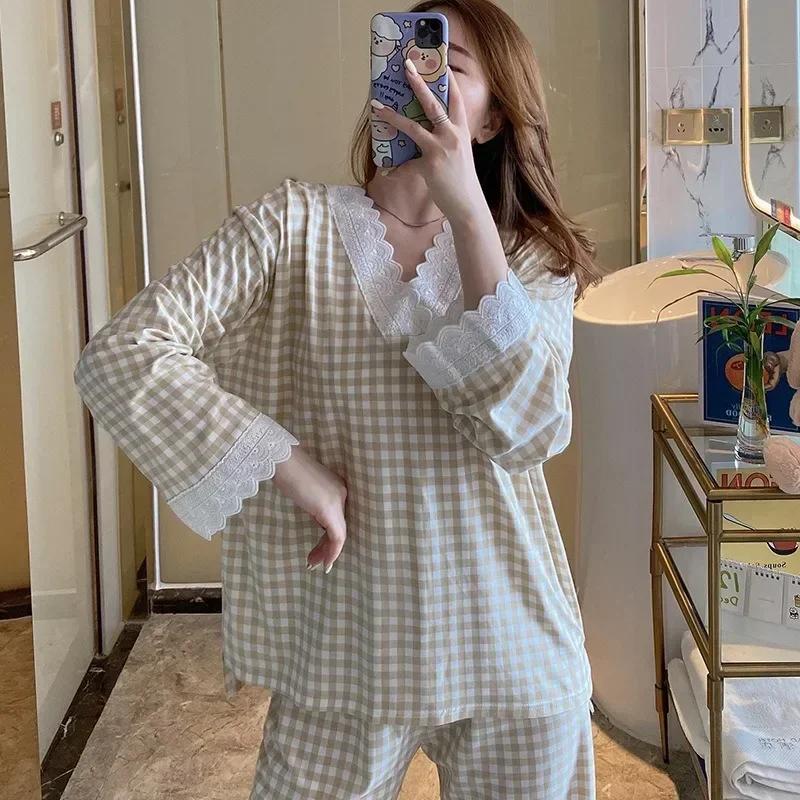 2Pcs/set Women's Pajamas V-neck Student Homewear Milk Silk Long-sleeved Trousers Lace Lace Can Go Out Clothes Women's