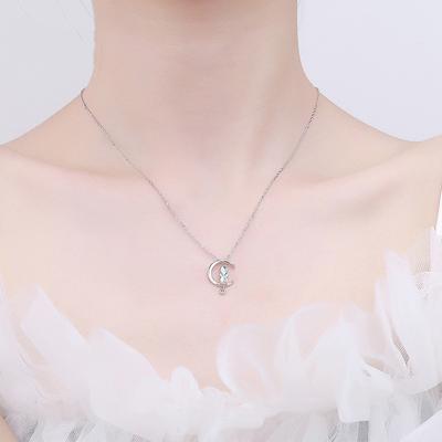 S925 Sterling Silver Chain Korean Version Cat On the Moon Zircon Clavicle Chain Elegant Women's Simple Moonlight Stone Cat Necklace