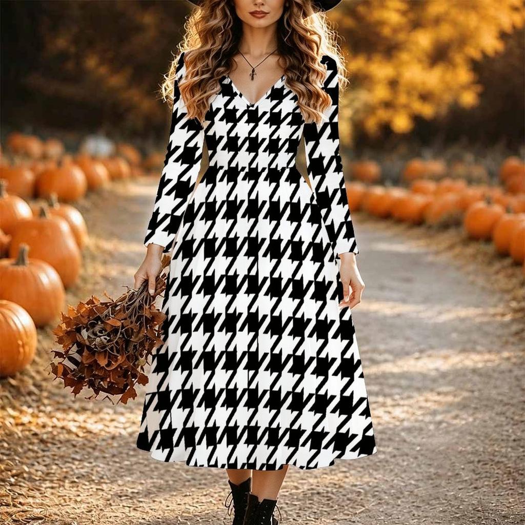 Halloween Women's Tie Dye Print Midi Dress A Line Dress Vacation Casual Daily Regular Fit  Long Sleeve V Neck Black  Spring Fall