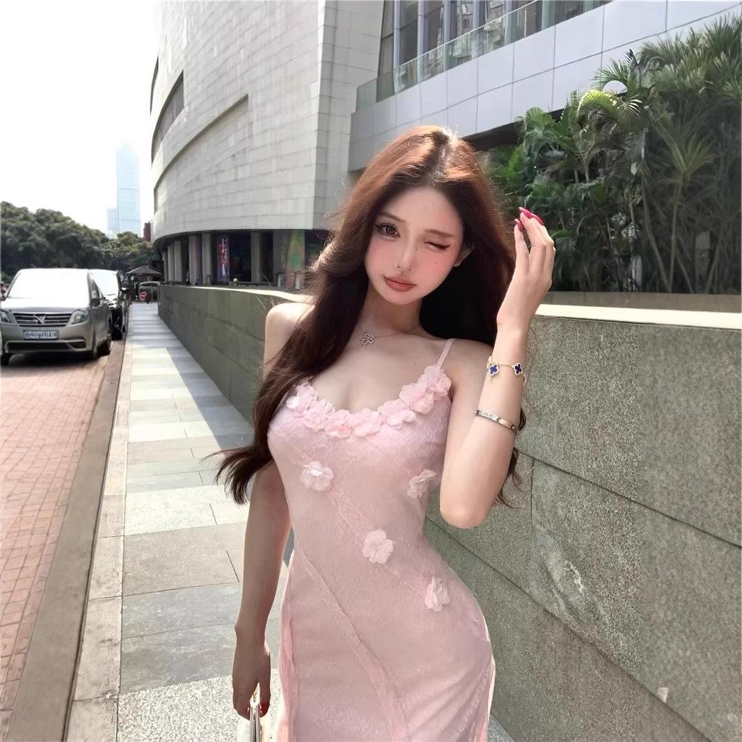 

Женское розовое платье-камисоль с 3D-цветами, французский дизайн - Стройнящее, подчеркивающее талию, стиль для летнего отпуска Extra Large розовый