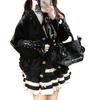 XHSUKADO Long Loose Student Knit Black Women's Lace-Up Cardigan, Sleeve, Cute, Mass-Produced, Ribbon, Ruffle, Lace, Pockets, V-Neck, Fit, Top,