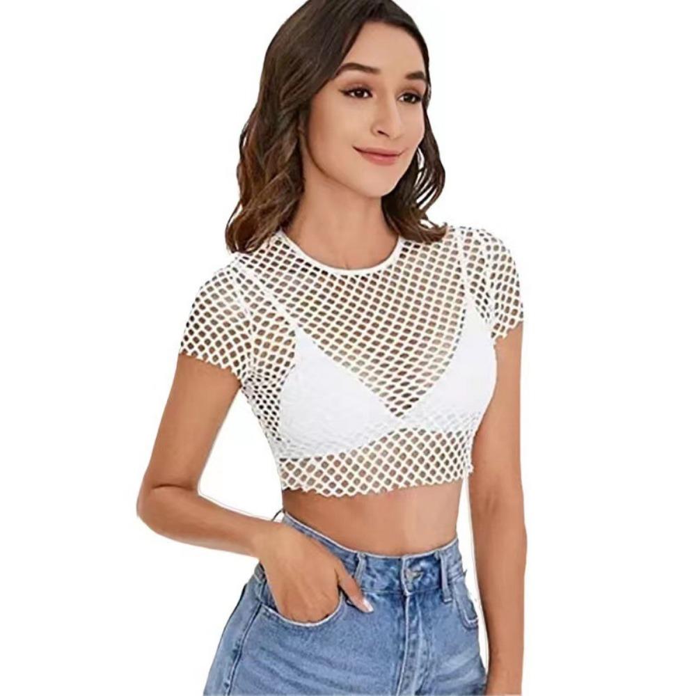 

Сексуальна спортивна футболка з сітки, прозора, з коротким топом, що відкриває живіт S білий