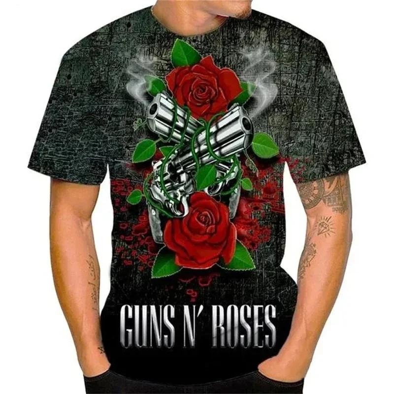 Vintage Guns N Roses 3D Print O-Neck T-shirt Men Casual Short Sleeve Rock Band Oversized Hip-hop Tshirt Unisex Clothing