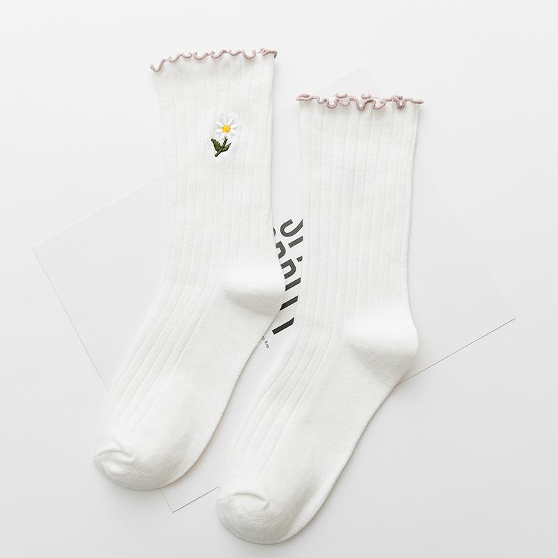 5 Pairs of Female Spring and Summer New Solid Color Wooden Ear Embroidery Roll Edge In The Tube Pile Socks
