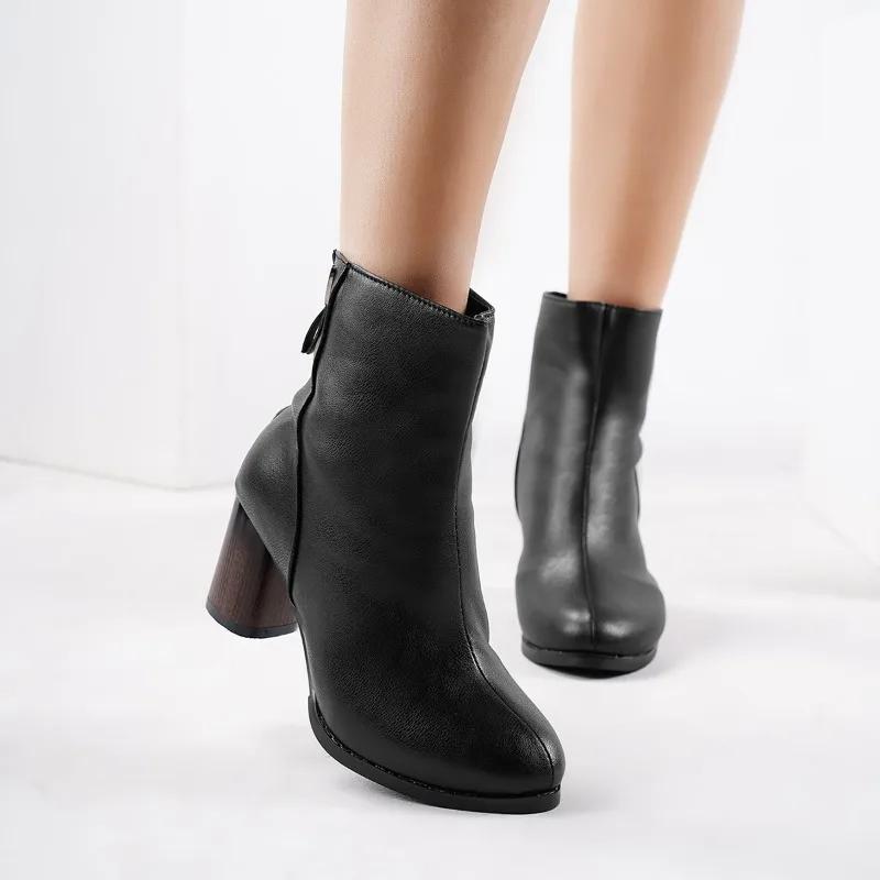 Nová móda Jednobarevné Zimní Všestranné Dámské Kozačky Zdobené na zip Silné podpatky Pohodlné a teplé Zapatos De Mujer